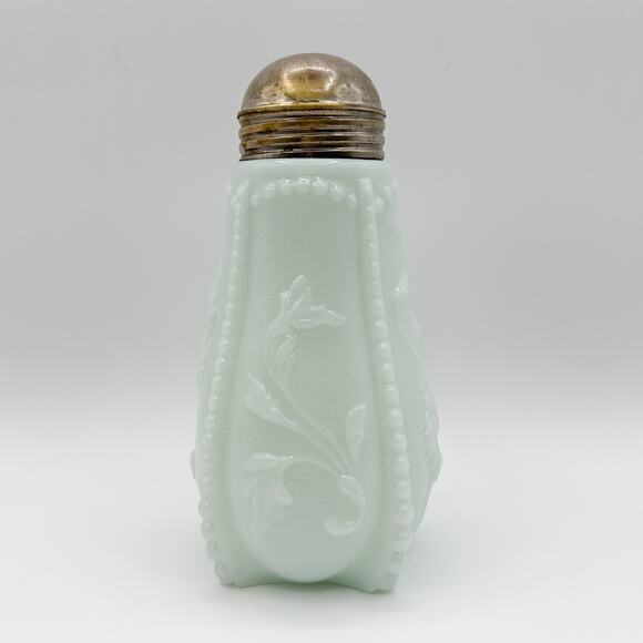 Antique Blue Milk Glass Syrup Pitcher with Tin Lid Victorian Embossed - Picture 11 of 13